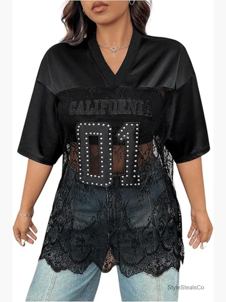 Women's Plus Size V-Neck Sheer Lace Tee With Number Graphic Half Sleeve Jersey